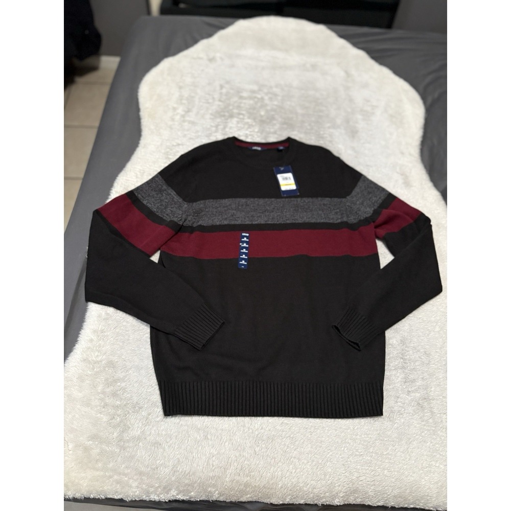NWT IZOD‎ Men's Black Gray Red Stripe Crewneck Sweater Size Medium